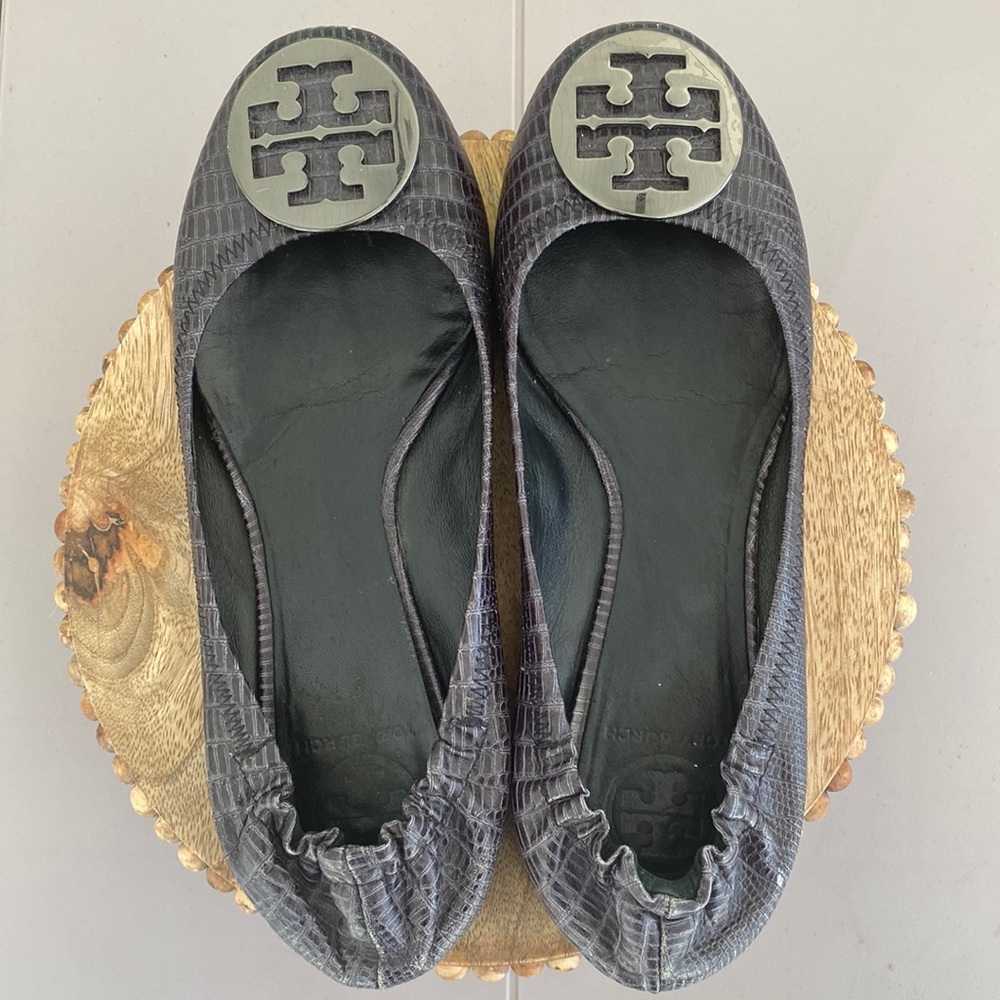 Tory Burch Black Leather Snakeskin Ballet Flats